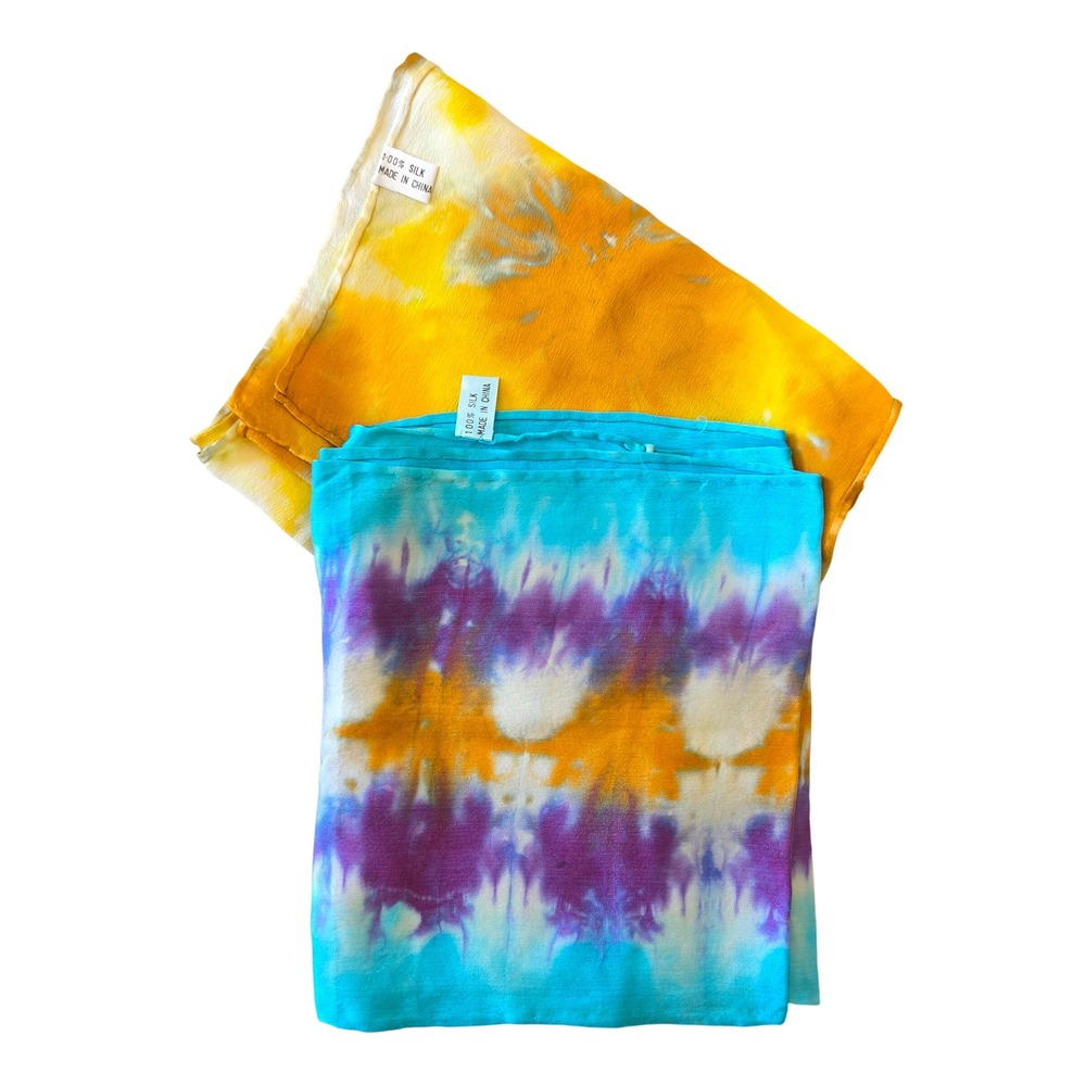 Set of 2 100% Silk Tie Dye Scarves Yellow Turquoise Purple 50x8 Rectangular